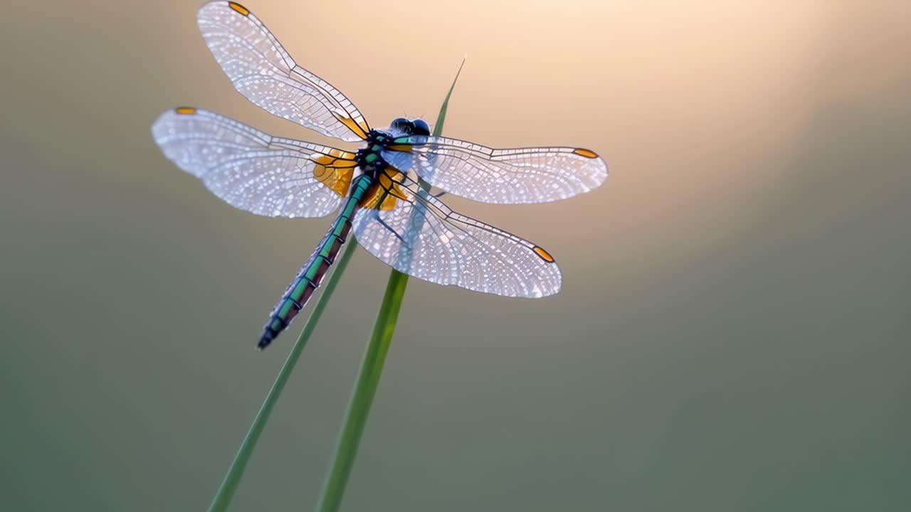 Dragonfly on Grass at Sunrise/Sunset