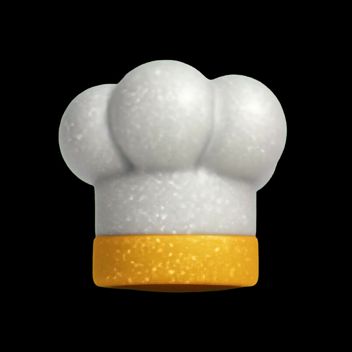 Cappello da chef animato in 3D che ruota su sfondo nero