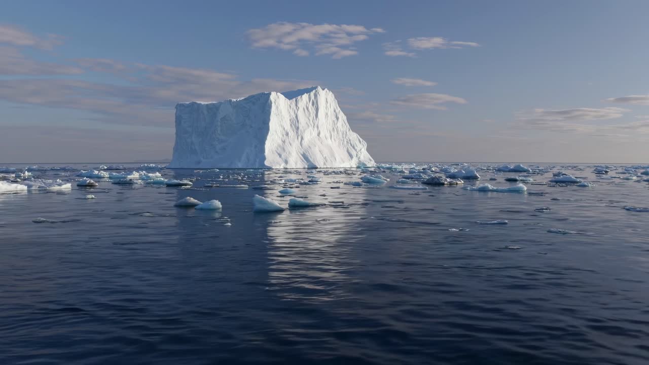 Aerial video captures a vast iceberg in a serene ocean, with a low-angle view emphasizing