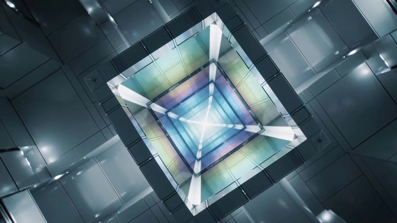 Shifting light rotating central lit square tunnel in metal shaft, revealing spiral depth with beams