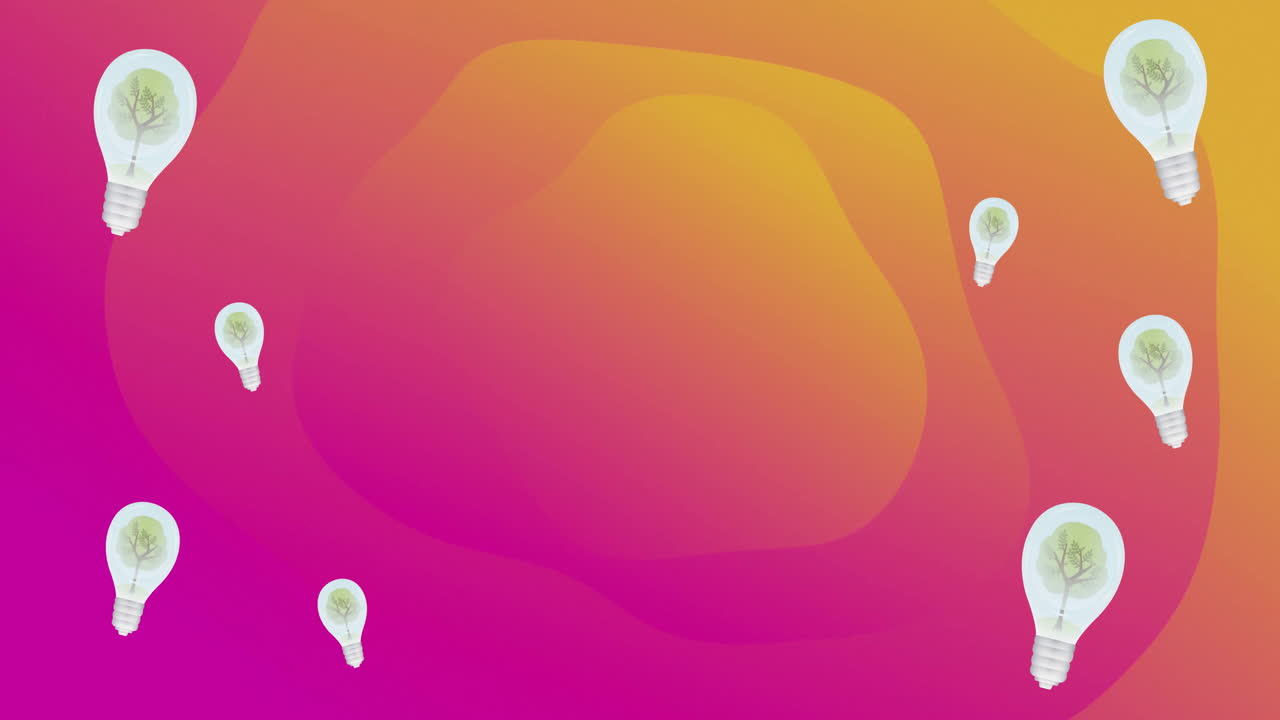 Animation of lightbulbs with trees over orange and pink shapes