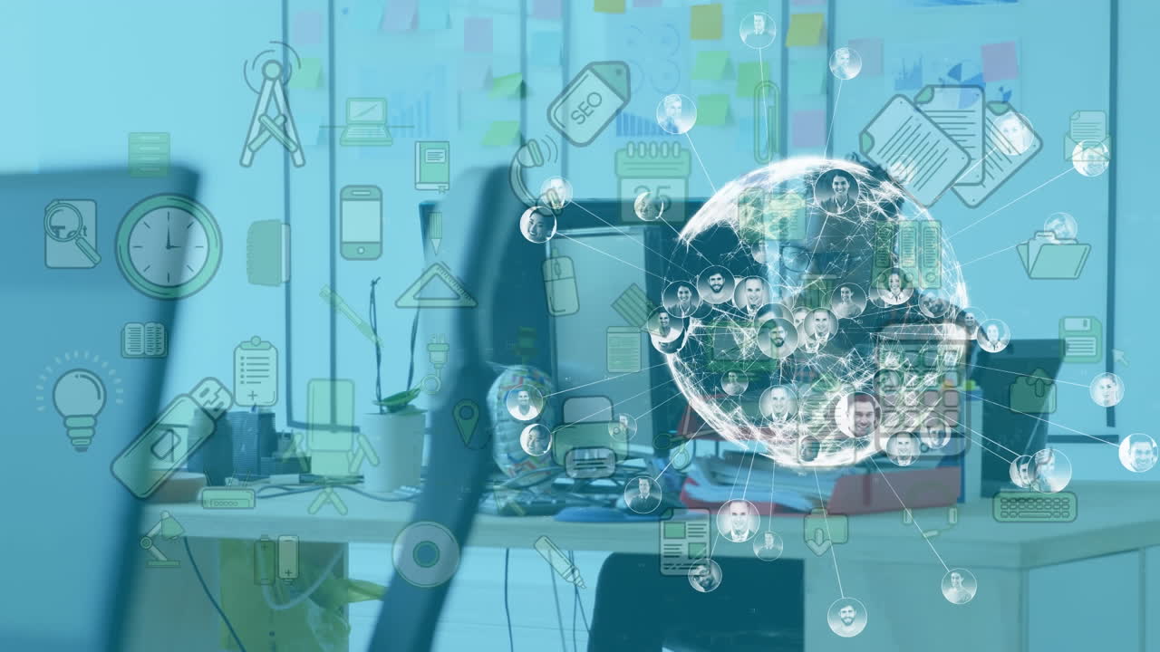 Animation of network of connections and media icons over businessman at desk using computer