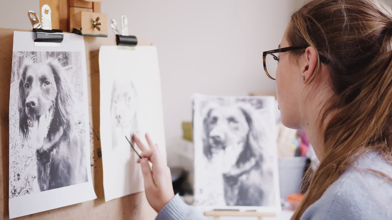 십대 여성 예술가 가 석탄 에 있는 사진 에서 개 의 그림 을 그리는 좌석 에 앉아 있다