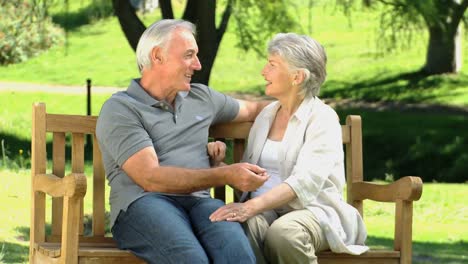 una pareja de ancianos sentados en un banco y hablando