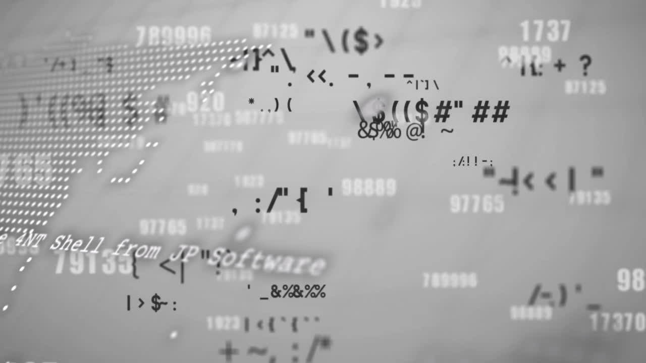 Animation of symbols, computer language, globe and map against abstract background
