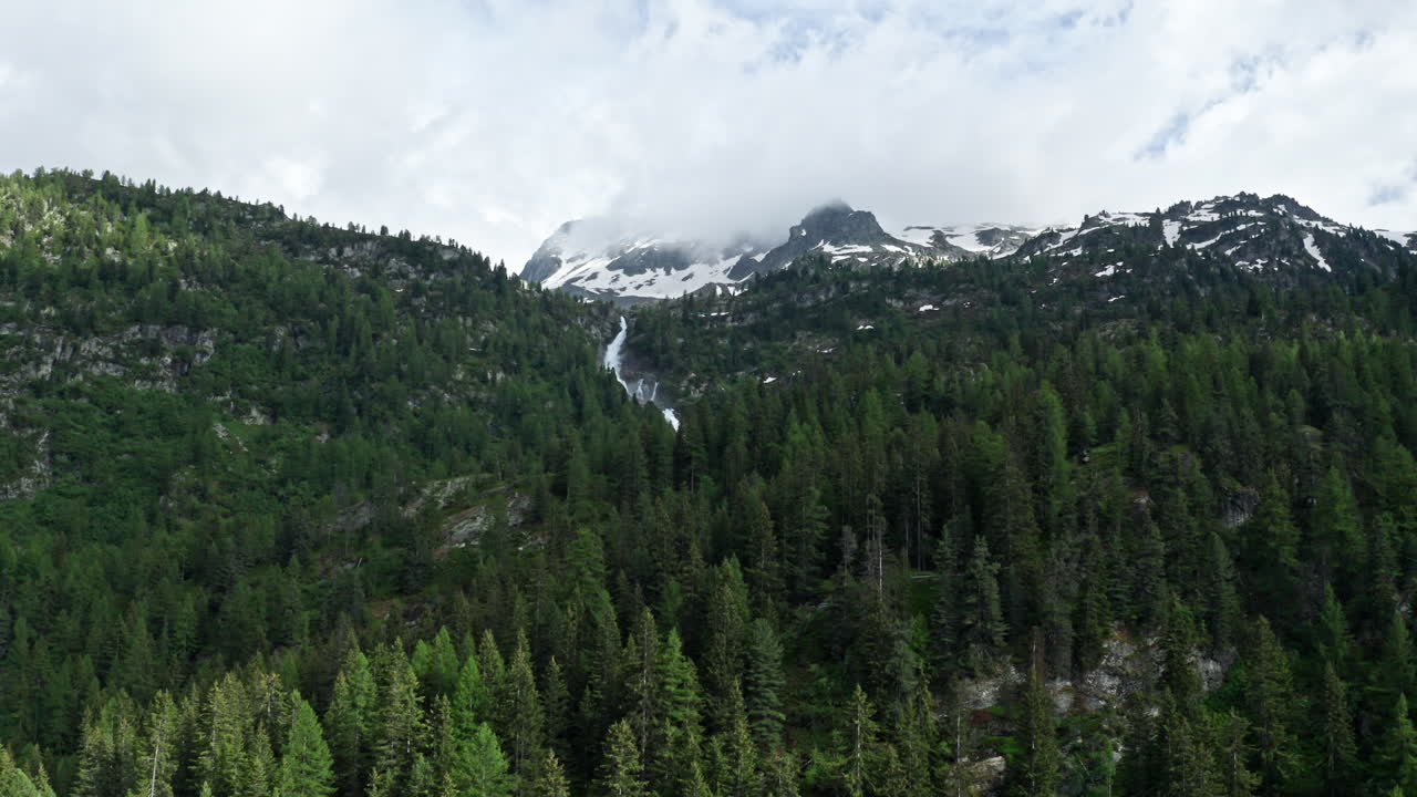 bosque verde exuberante con cascadas que caen en cascada de las montañas cubiertas de nieve en un día nublado
