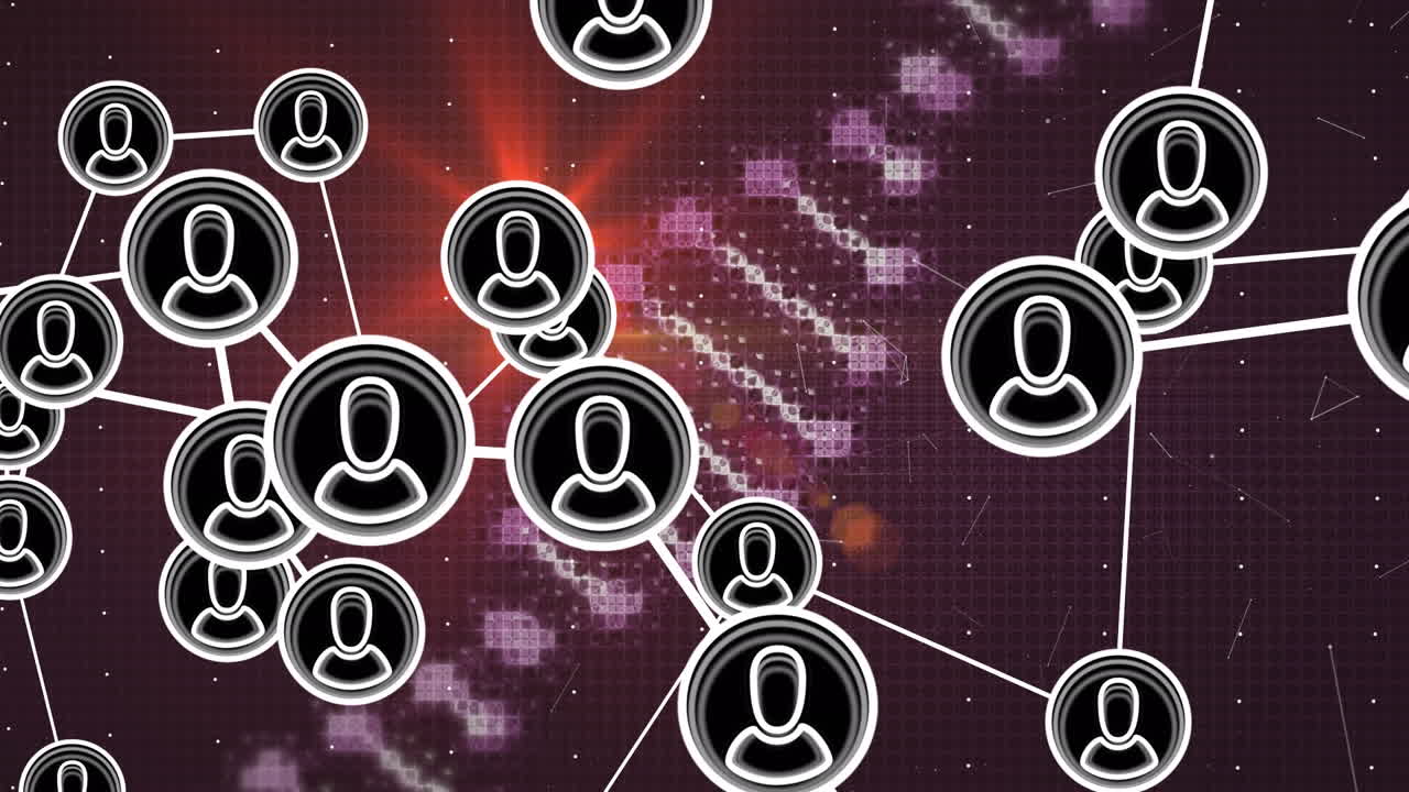 프로필 아이콘의 디지털 애니메이션은 회전하는 dna 나선과 빛을 통해 선으로 상호 연결됩니다.