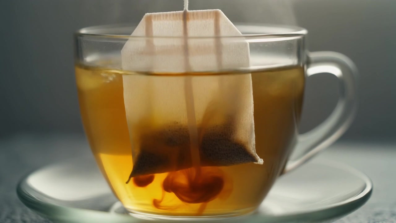 Bustina di tè in infusione in una tazza di vetro di acqua calda