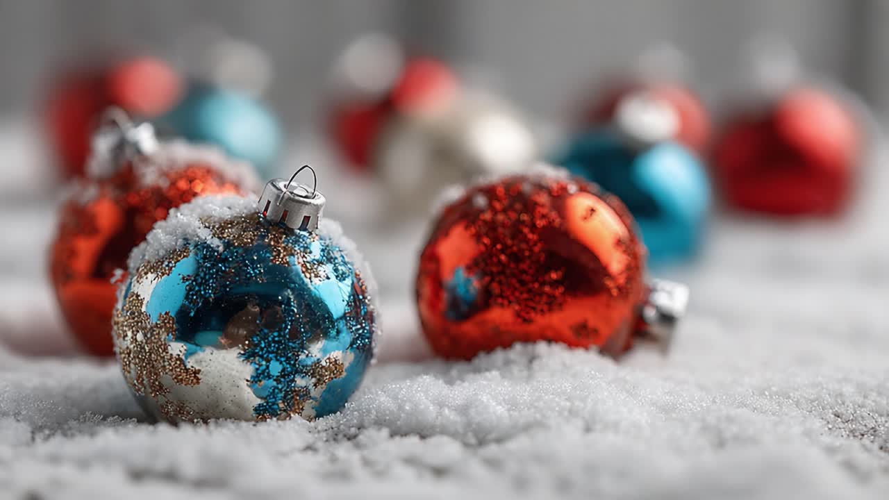 A Close-Up of Vibrant Holiday Ornaments Nestled in Soft Snow, Capturing the Spirit of Winter Celebrations in Striking Colors and Textures