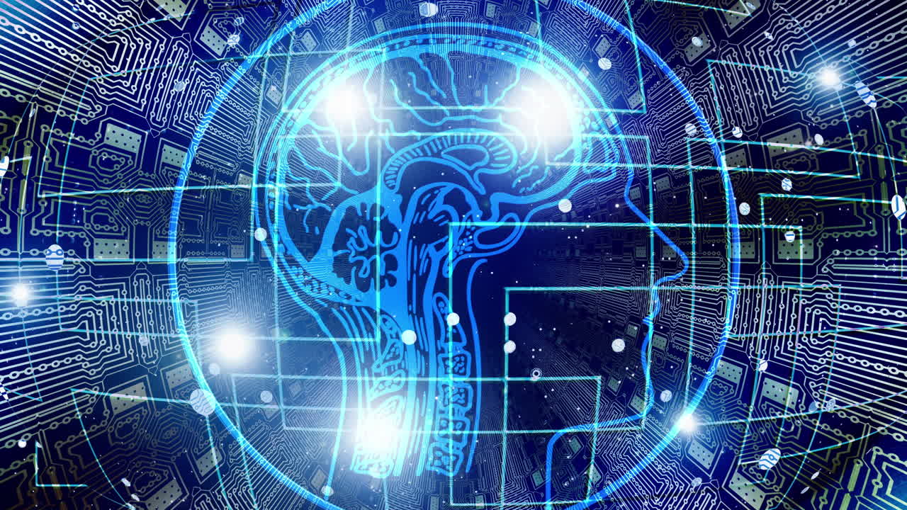 Technology video depicting a human brain surrounded by chips and light glowing depicting artificial intelligence or memory-data storage