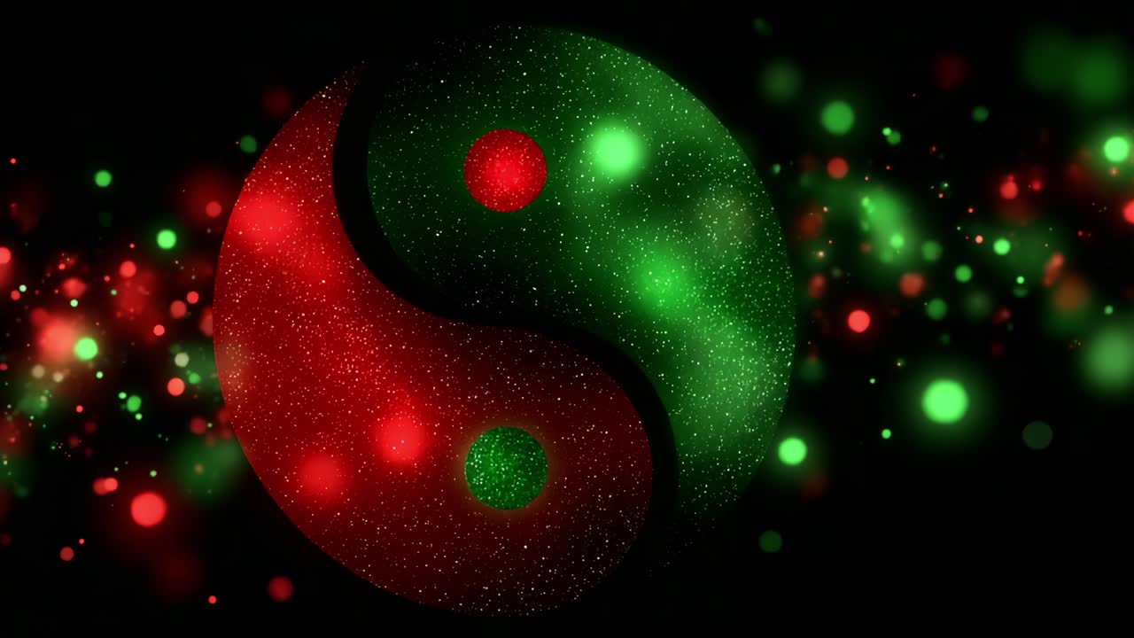 A mesmerizing visual representation of duality, featuring a harmonious blend of red and green hues within a striking yin-yang symbol, surrounded by ethereal particles of light creating a captivating ambiance