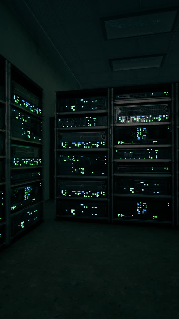 Network servers quietly humming in a dimly lit server room at night