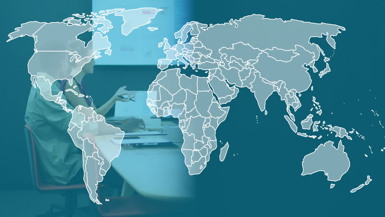 In office, people discussing business meeting with world map animation overlay