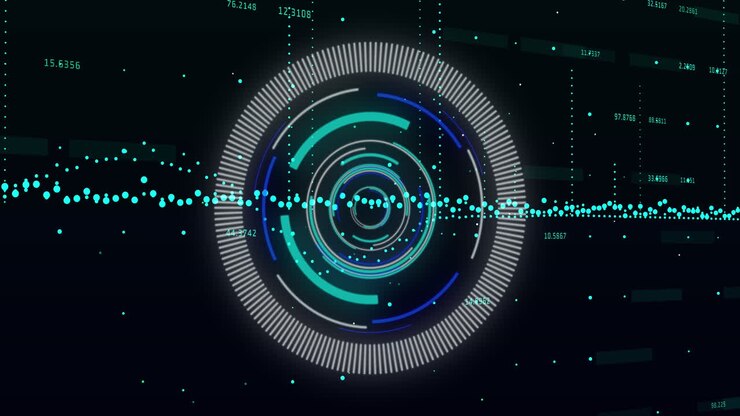 Animation of scope scanning and financial data processing over black background
