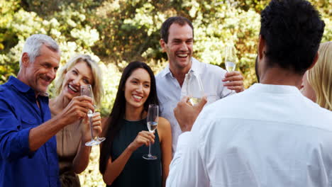 friends interacting with each other while having champagne in balcony