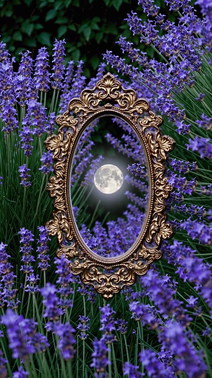 Magica luna piena in una cornice dorata ornata tra fiori di lavanda