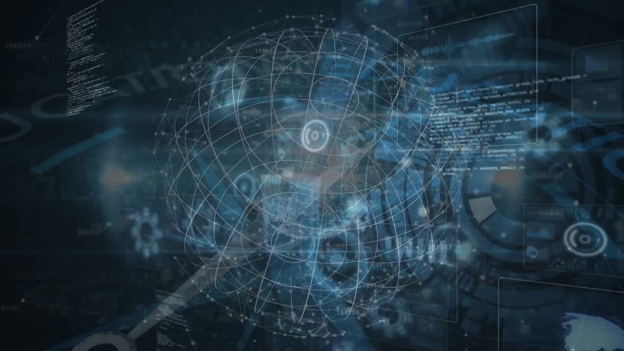 animación de conexiones, globo y círculo de procesamiento sobre espacio digital negro