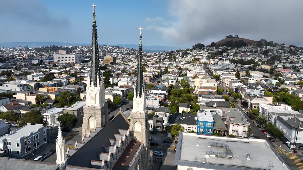 Aerial view circling the St. Paul Catholic church, sunny day in San Francisco