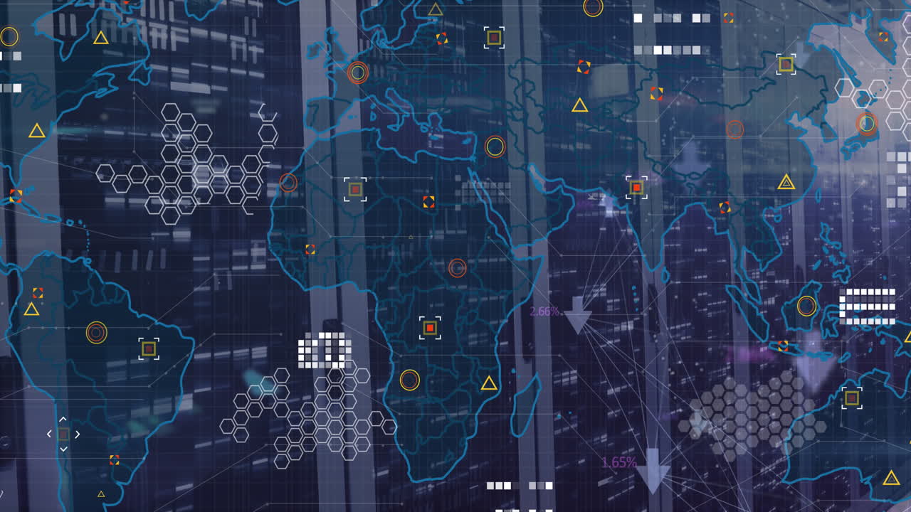 Animation of world map, data processing and mosaic squares against computer server room