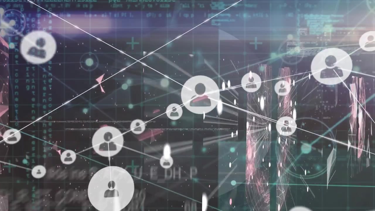 Animation of network of connections with icons and data processing over black background