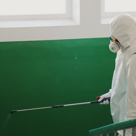 un hombre con traje protector maneja antiséptico