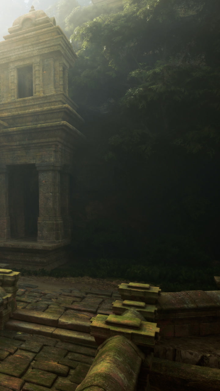 Exploring ancient ruins overgrown with lush vegetation at dawn