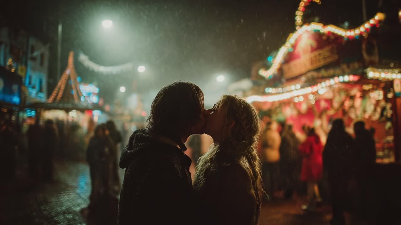A Romantic Evening: Two Silhouetted Lovers Share an Intimate Moment Amidst a Festive Market in the Rain, Illuminated by Colorful Lights and Surrounding Crowd