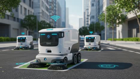 autonomous cleaning robots on a city street: a glimpse into future urban maintenance with smart technology and connectivity to enhance city cleaning efficiency