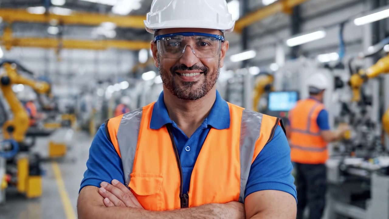 Operaio di fabbrica fiducioso posa in un ambiente di produzione ad alta tecnologia, mostrando l'equipaggiamento di sicurezza e officine piene di robotica avanzata.