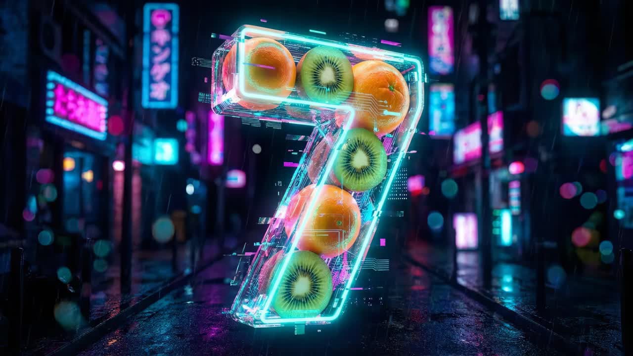 Neon Cyberpunk Number 7 with Fruit