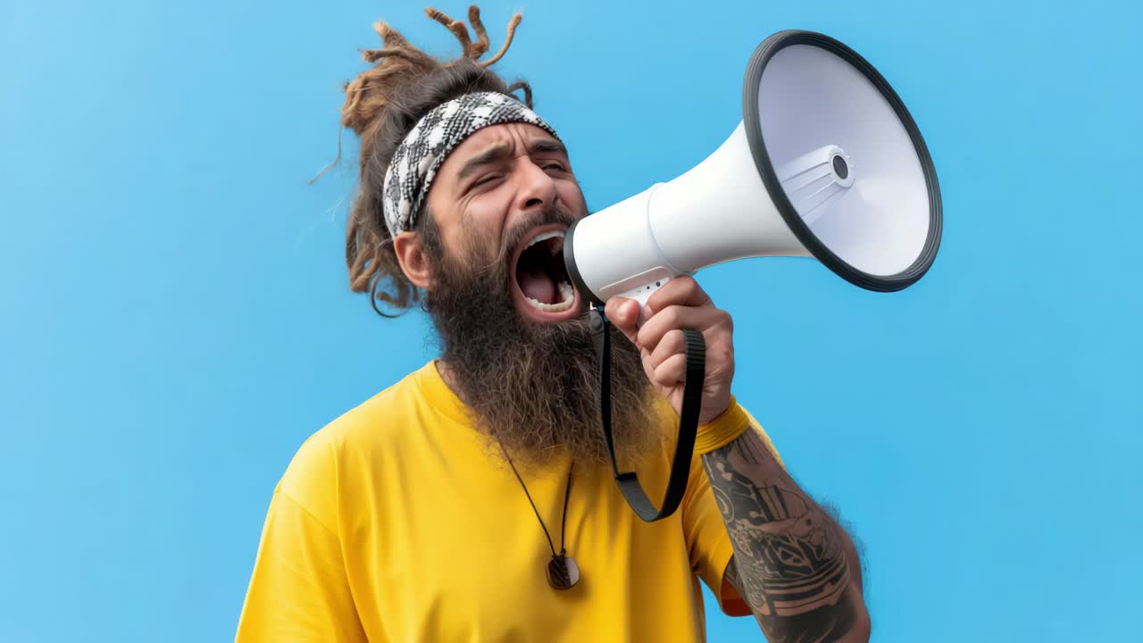 Enthusiastic man with dreadlocks energetically using a megaphone, showcasing dynamic expression and vibrant colors, creating an engaging atmosphere of communication and excitement