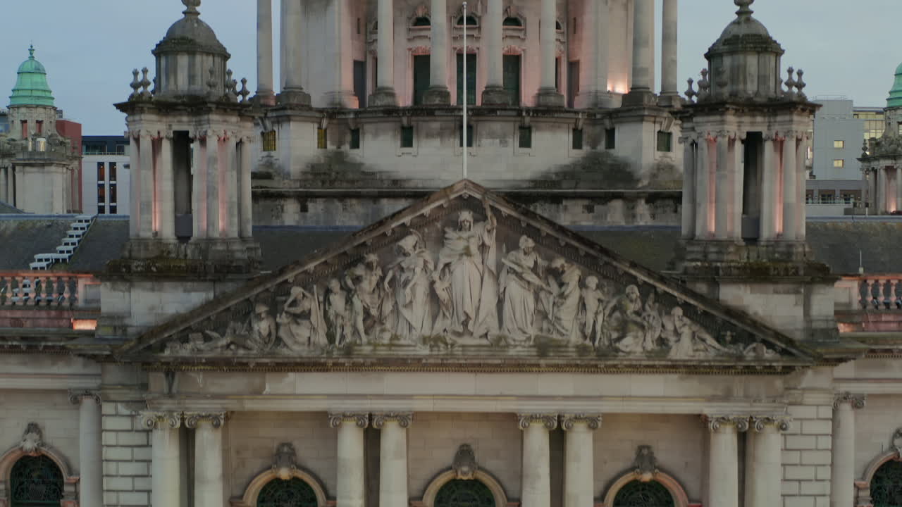 Belfast City Hall Dome and Statues: Stationary Descent Aerial