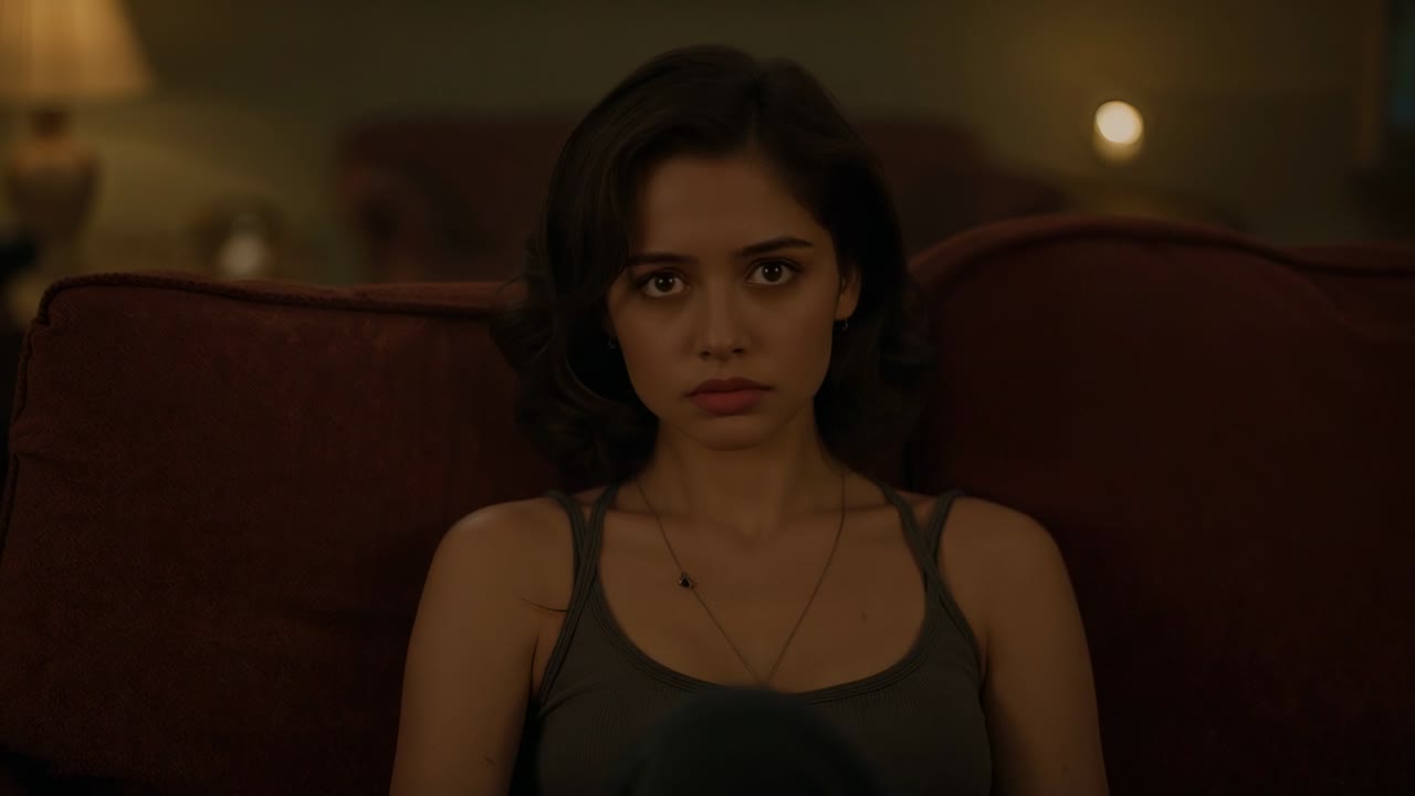 Noticing camera, woman in tank raising head, meeting gaze on sofa with lamp, pendant at home