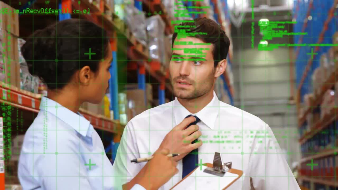 animación del procesamiento de datos sobre diversas personas que trabajan en el almacén