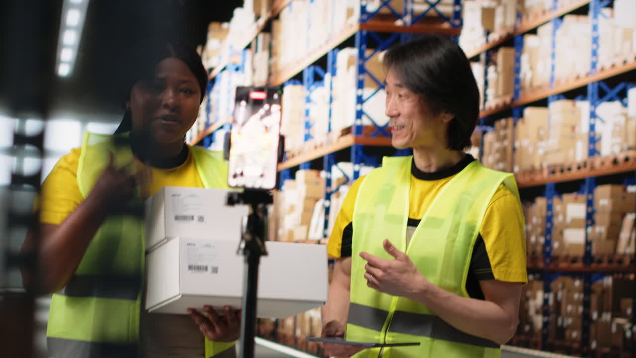 Multiethnic employees promoting the merchandise in boxes on a video