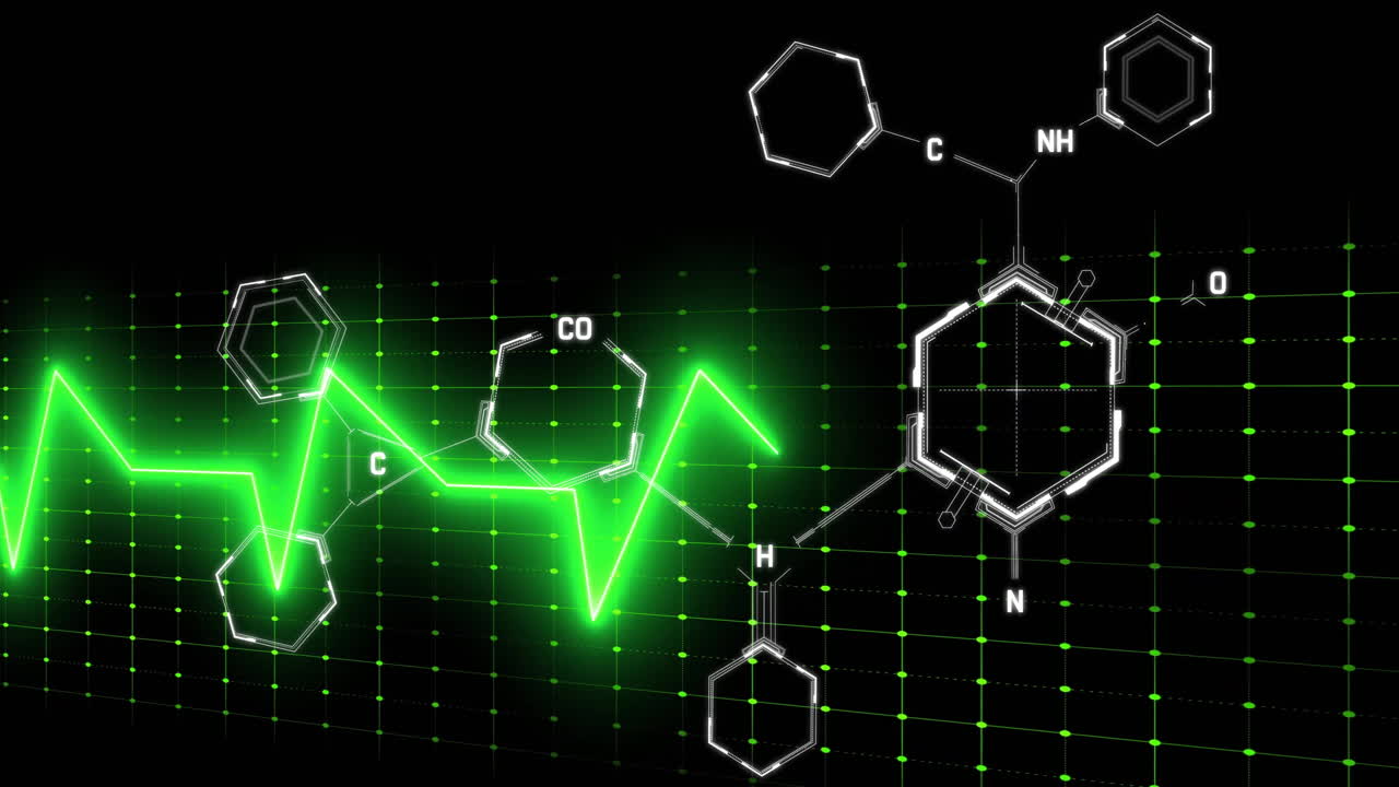 Chemical structure diagrams with green digital grid and heartbeat line animation