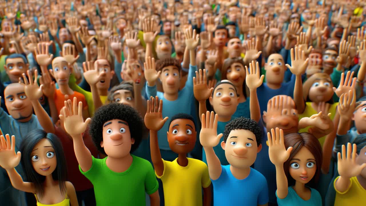 A Diverse Crowd of Characters Enthusiastically Raising Their Hands, Symbolizing Participation, Unity, and Collective Excitement in a Colorful Animated Scene