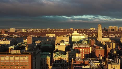 Drone-pan-up-of-gorgeous-Morningside-Heights-neighborhood-in-Manhattan,-New-York-City