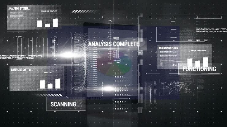 Animation of computer, laptop and digital screens with digital infographic interface