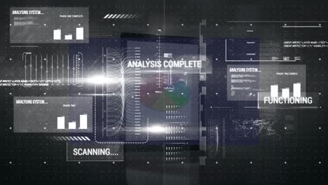 Animation-of-computer,-laptop-and-digital-screens-with-digital-infographic-interface