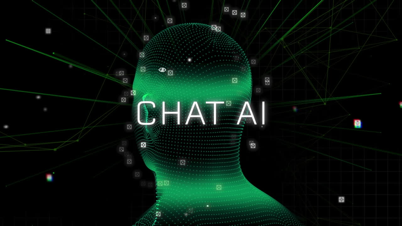 Animation of artificial intelligence chat text and data processing over human head