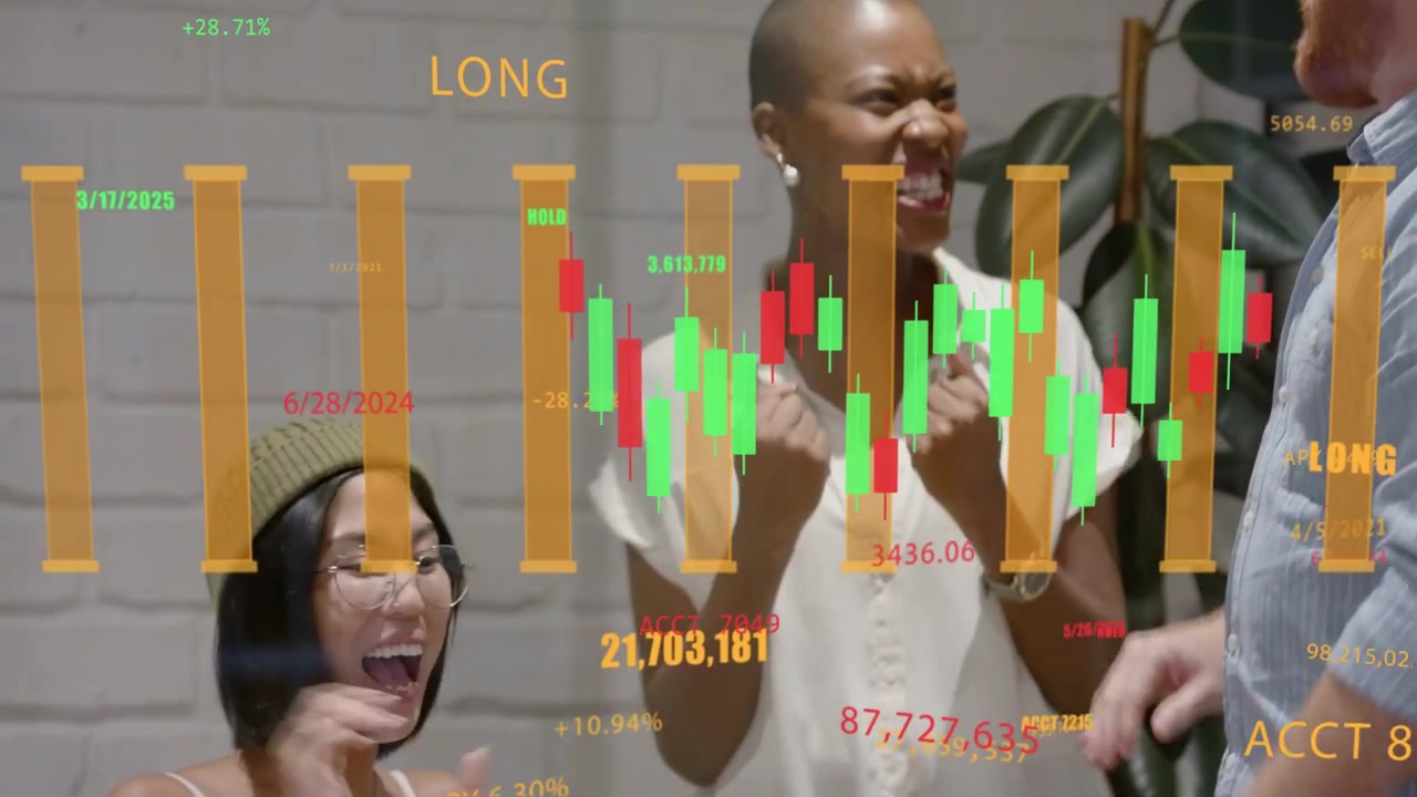 Vertical video: Team leaning over laptop after phone ping, cheering as overlay showing trading gain