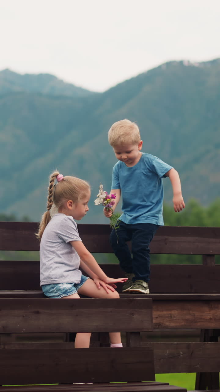 Little boy comes to present small flower bouquet to melancholy elder sister on rustic wooden benches against distant mountains at resort in spring