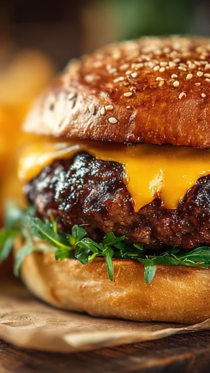 Un cheeseburger appetitoso con hamburger di manzo grigliato alla perfezione, formaggio cheddar fuso, rucola fresca e servito su un panino tostato ai semi di sesamo, accompagnato da patatine fritte croccanti