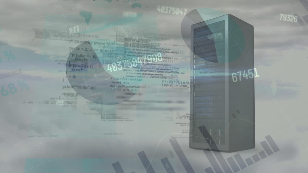animación del lenguaje de programación, múltiples gráficos, números sobre nubes y unidad central de procesamiento