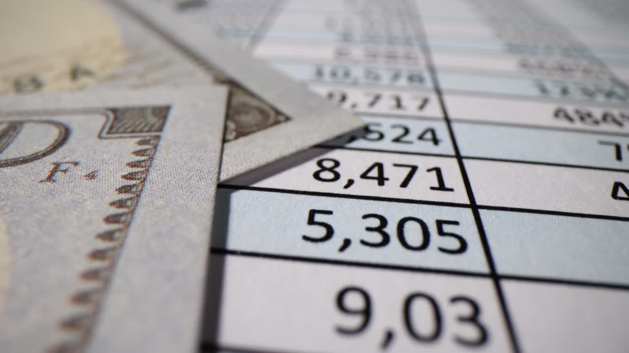 Close-up of financial data on a spreadsheet with a dollar bill