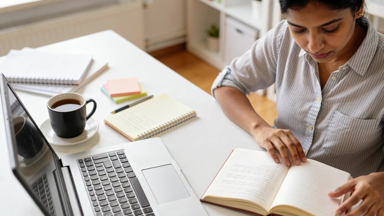 Mujer en camisa a rayas ajustándose en casa, estudiando un libro después de tocar el portátil, espacio de copia.