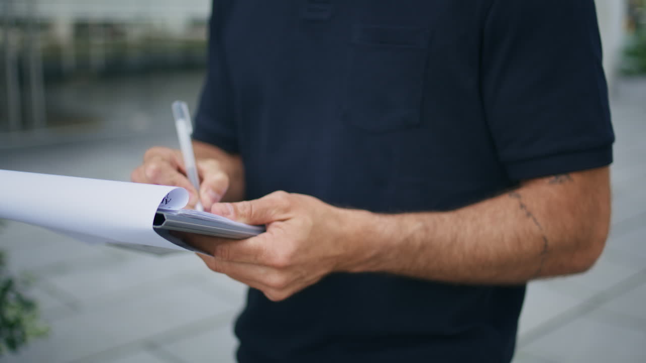 hombre firmando un acuerdo en la calle de cerca. empresario firmando