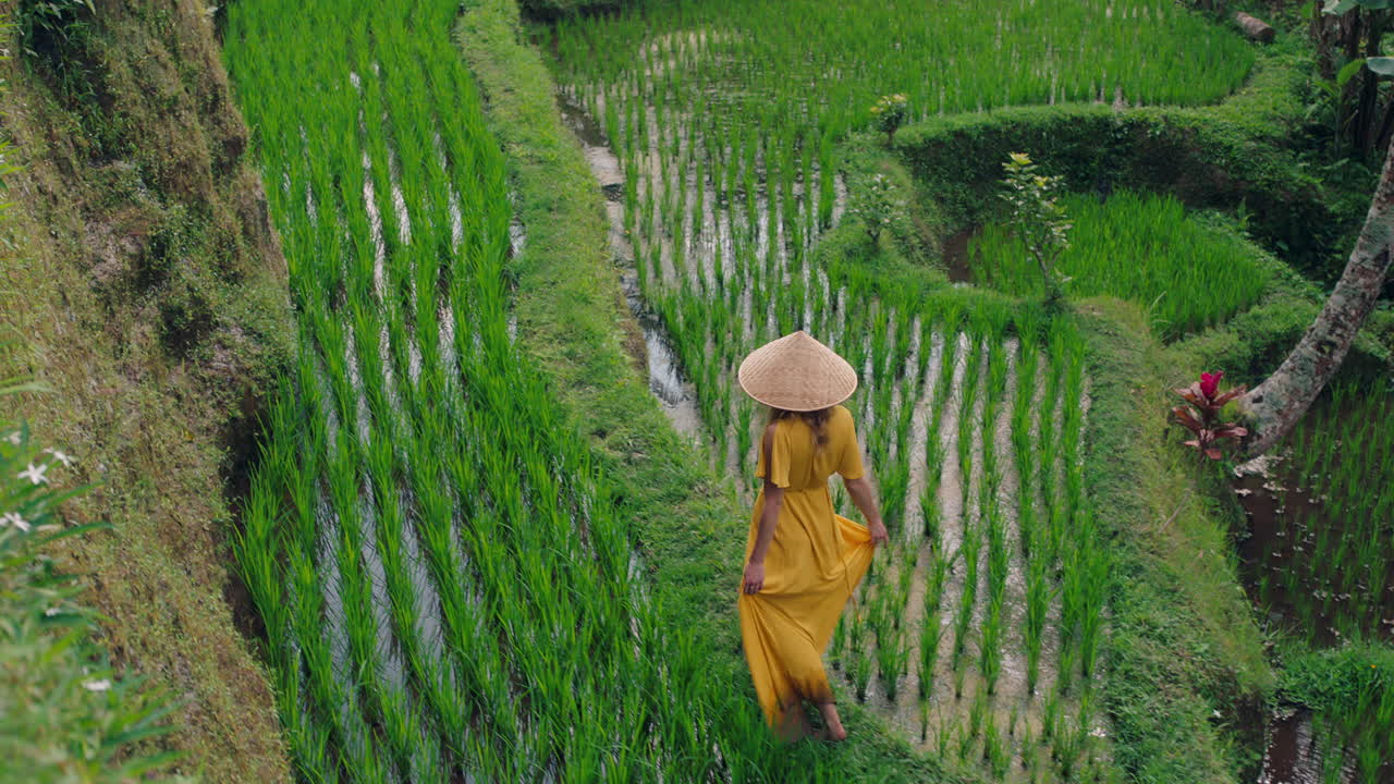 바리 인도네시아를 통한 이국적인 휴가 문화 풍경에서 울창한 초록색  ⁇  테라스를 탐험하는 콘 모자를 입은 노란색 드레스를 입은  ⁇   ⁇ 에서  ⁇ 는 여성