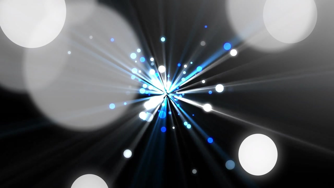 Initial burst appearing in void sending beams as discs drifting across pulsing core creating depth